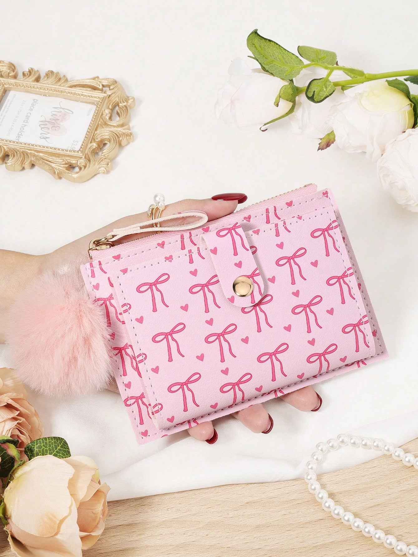 Bow Print Wallet With Fur Ball Keychain Zip 2-Fold Purse Multiple Card Slots Coin Cash Compartment Unisex Daily Use Travel Gifting Card Holder