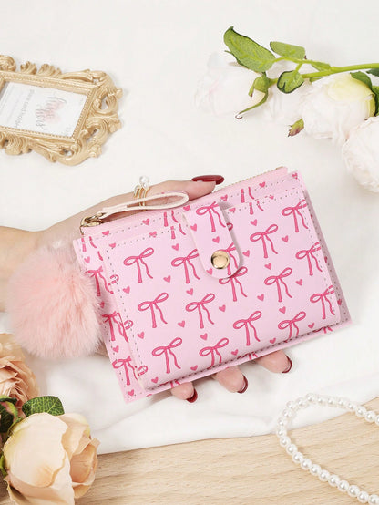 Bow Print Wallet With Fur Ball Keychain Zip 2-Fold Purse Multiple Card Slots Coin Cash Compartment Unisex Daily Use Travel Gifting Card Holder