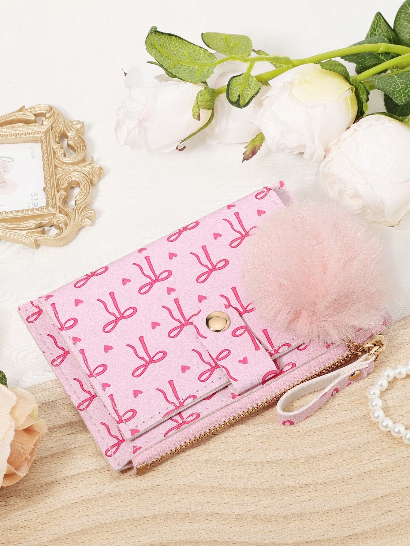 Bow Print Wallet With Fur Ball Keychain Zip 2-Fold Purse Multiple Card Slots Coin Cash Compartment Unisex Daily Use Travel Gifting Card Holder