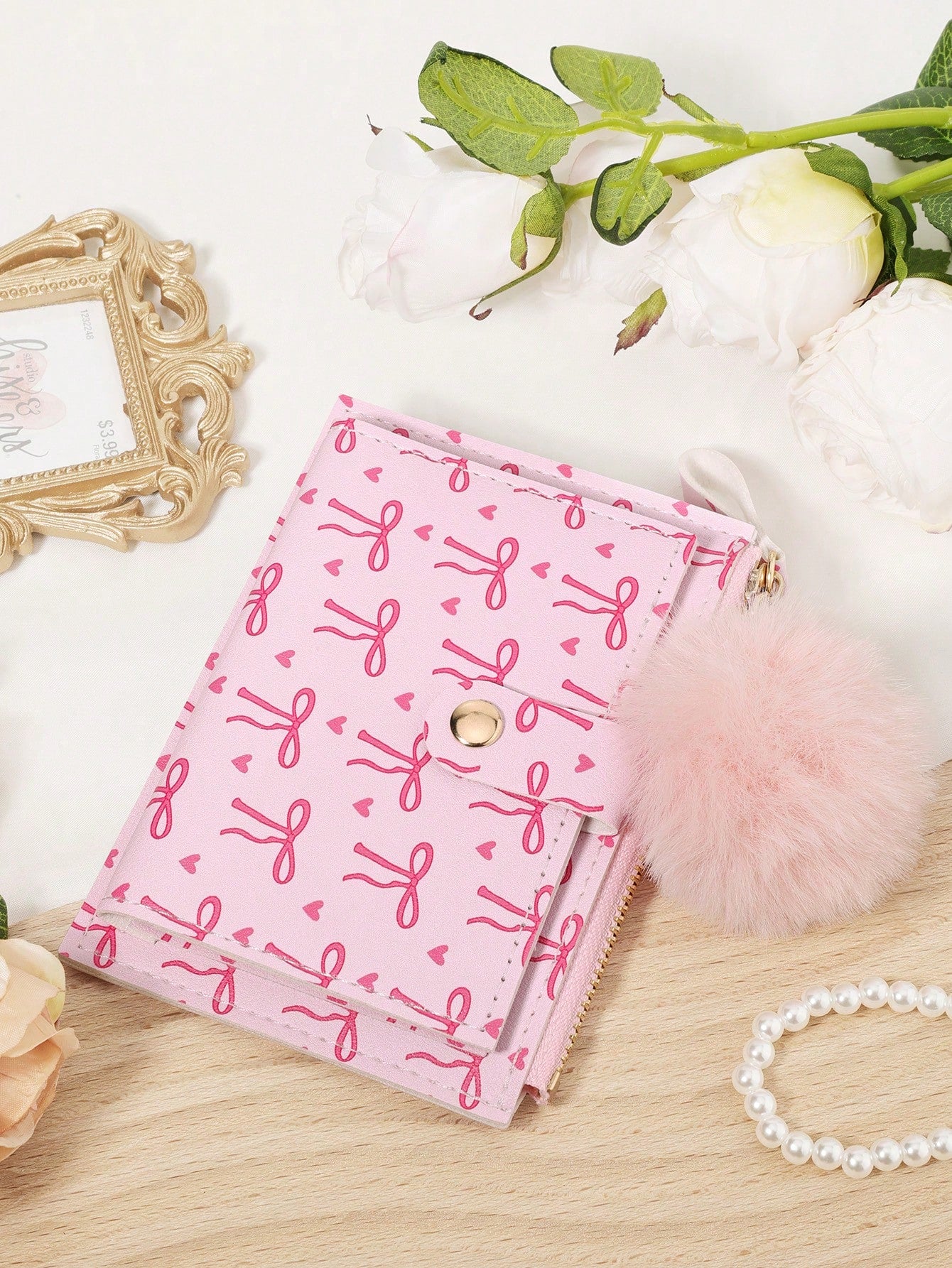 Bow Print Wallet With Fur Ball Keychain Zip 2-Fold Purse Multiple Card Slots Coin Cash Compartment Unisex Daily Use Travel Gifting Card Holder