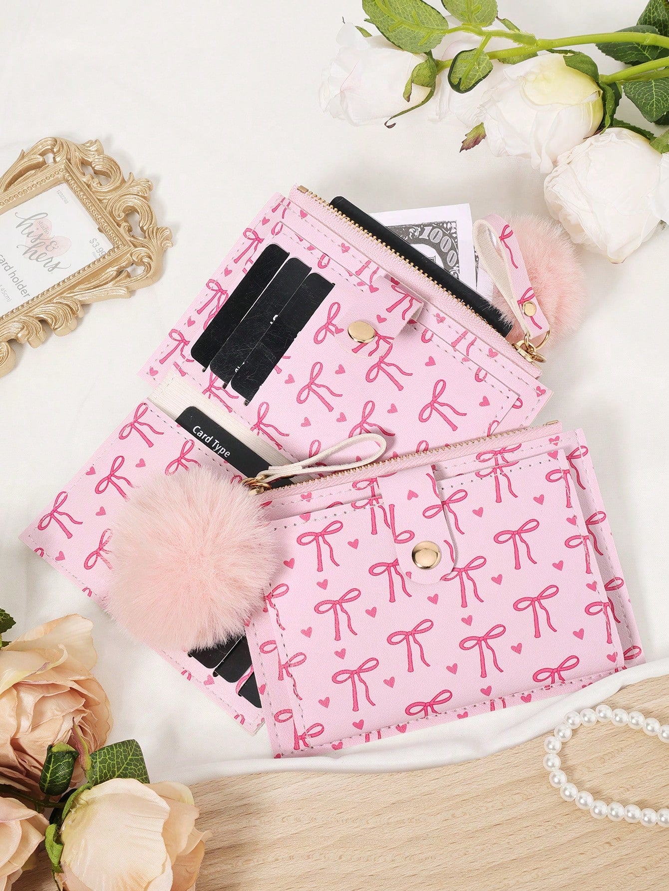 Bow Print Wallet With Fur Ball Keychain Zip 2-Fold Purse Multiple Card Slots Coin Cash Compartment Unisex Daily Use Travel Gifting Card Holder
