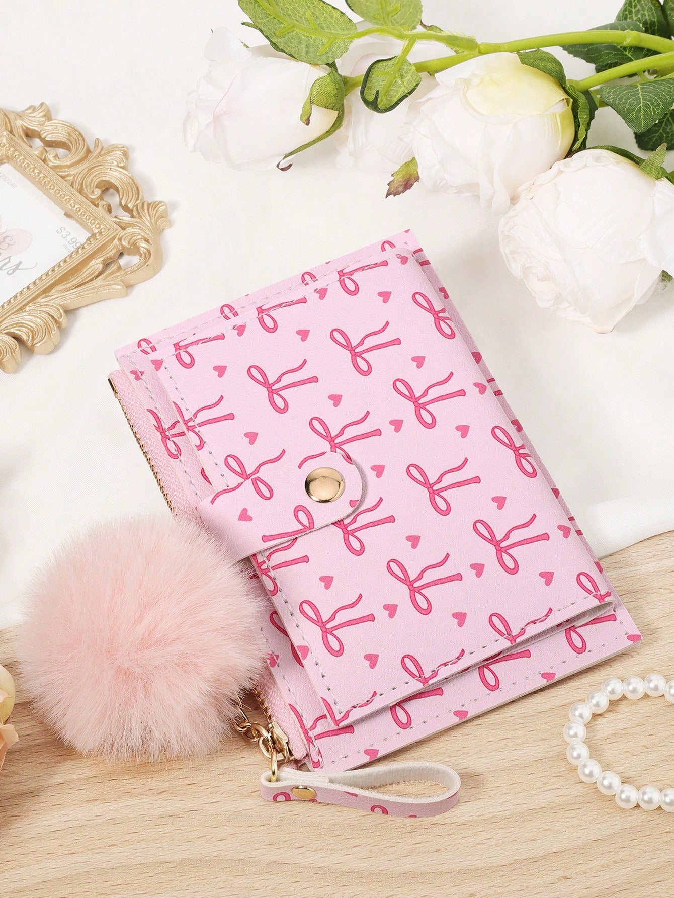 Bow Print Wallet With Fur Ball Keychain Zip 2-Fold Purse Multiple Card Slots Coin Cash Compartment Unisex Daily Use Travel Gifting Card Holder
