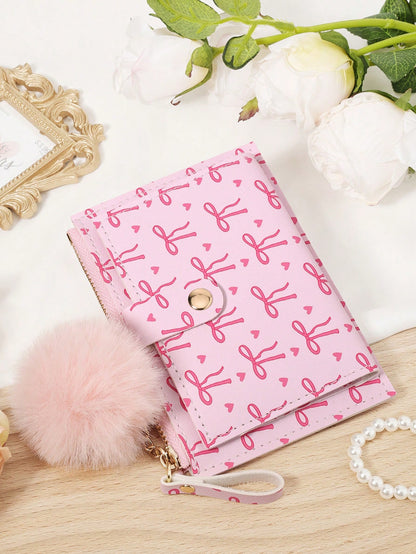 Bow Print Wallet With Fur Ball Keychain Zip 2-Fold Purse Multiple Card Slots Coin Cash Compartment Unisex Daily Use Travel Gifting Card Holder
