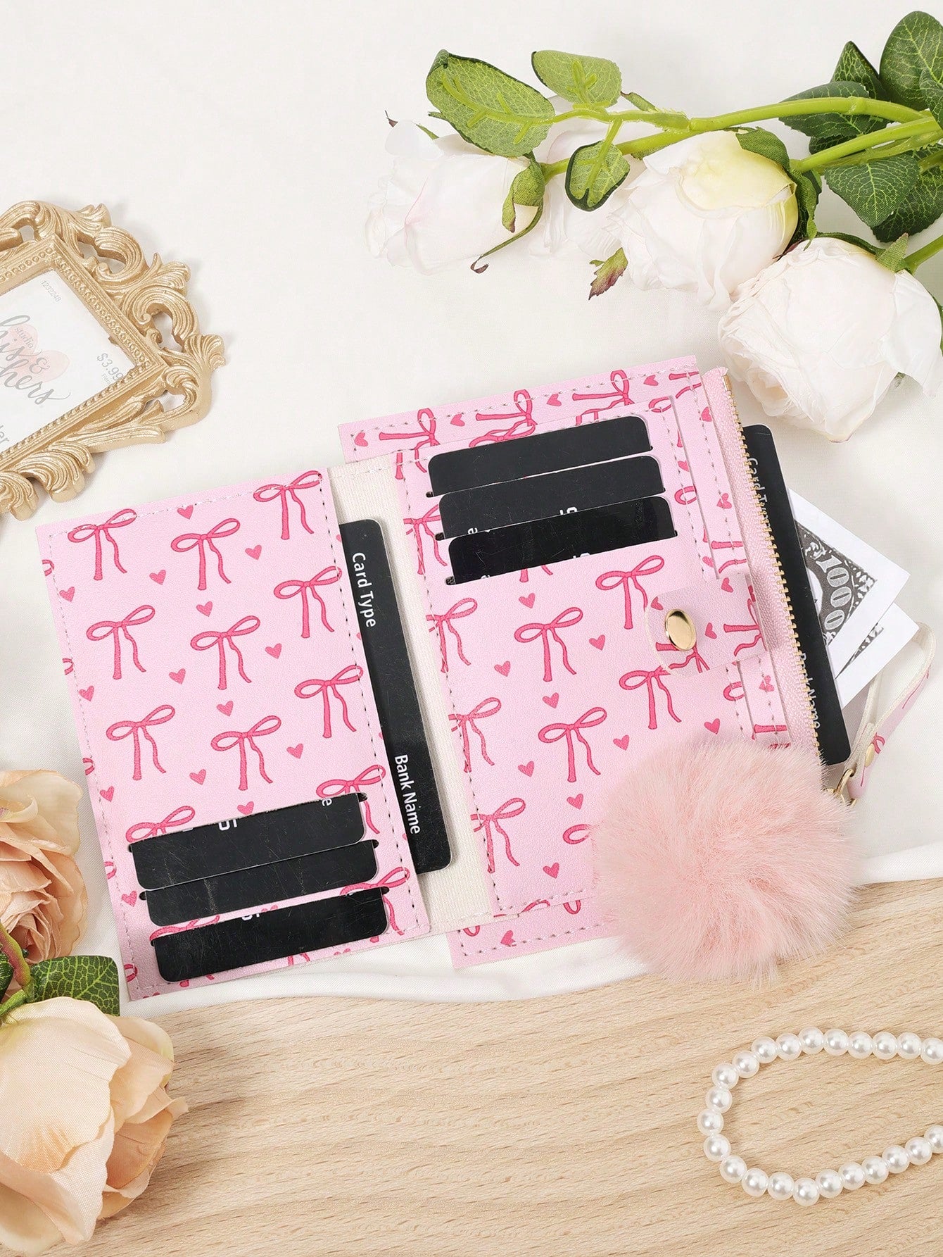 Bow Print Wallet With Fur Ball Keychain Zip 2-Fold Purse Multiple Card Slots Coin Cash Compartment Unisex Daily Use Travel Gifting Card Holder