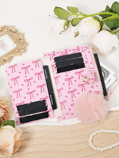 Bow Print Wallet With Fur Ball Keychain Zip 2-Fold Purse Multiple Card Slots Coin Cash Compartment Unisex Daily Use Travel Gifting Card Holder