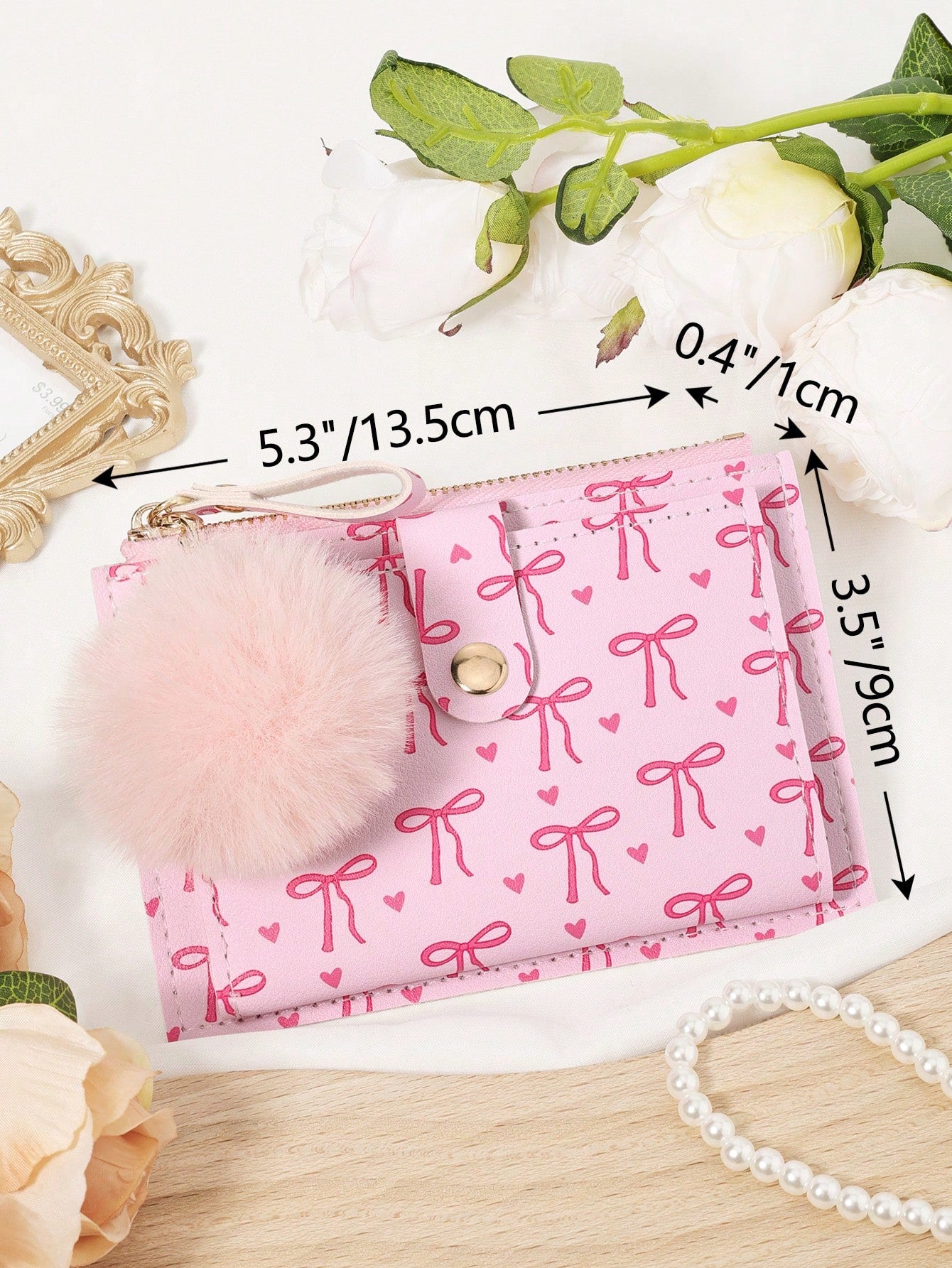 Bow Print Wallet With Fur Ball Keychain Zip 2-Fold Purse Multiple Card Slots Coin Cash Compartment Unisex Daily Use Travel Gifting Card Holder