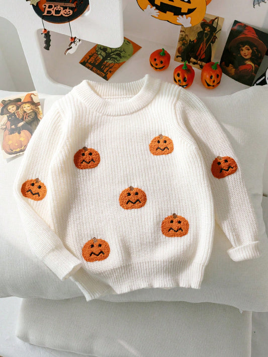 Boys Cute Solid Color Pumpkin Head Embroidered Knit Pullover Sweater Long Sleeve Suitable For Halloween Daily Wear Spring Autumn Winter