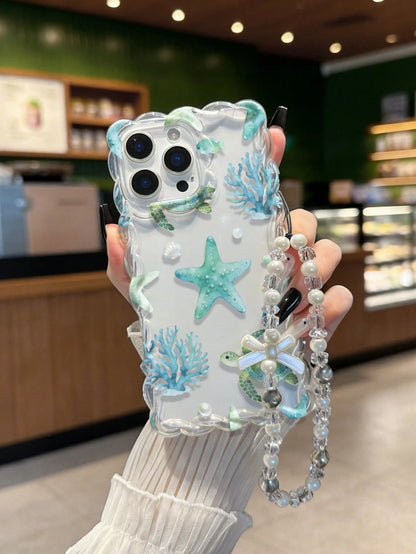 Braided Wave Edge Elegant TPU Sea Star & Sea Turtle Painted Anti-Drop Phone Case Compatible With IPhone XR/7/8, With Beaded Bracelet Accessory, Compatible With IPhone 15 Pro Max, 13, 14, 11, 12, X Sof