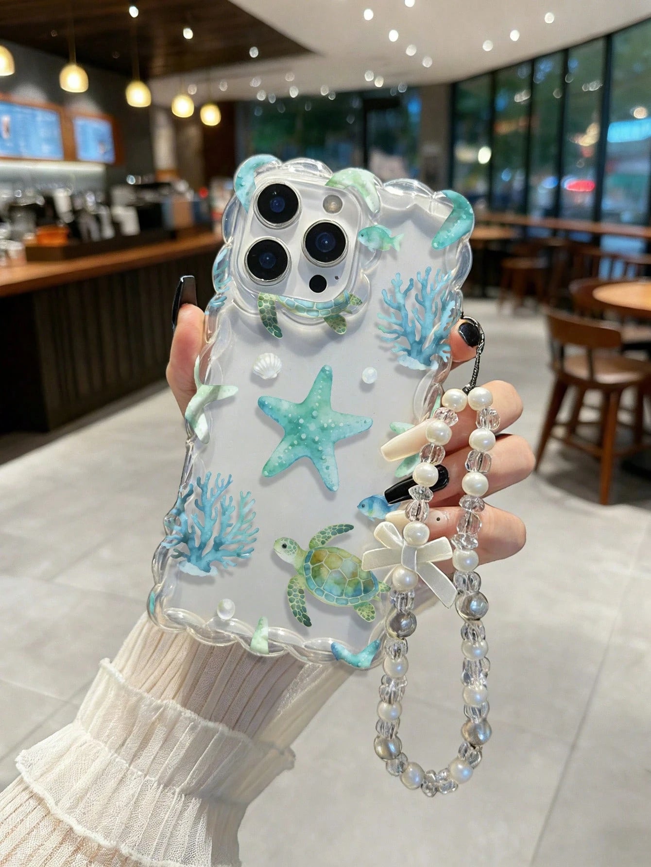 Braided Wave Edge Elegant TPU Sea Star & Sea Turtle Painted Anti-Drop Phone Case Compatible With IPhone XR/7/8, With Beaded Bracelet Accessory, Compatible With IPhone 15 Pro Max, 13, 14, 11, 12, X Sof