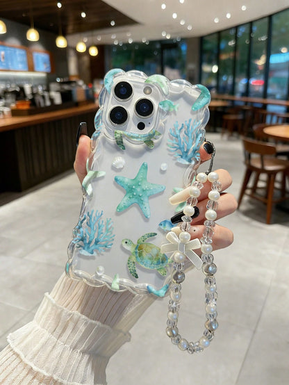 Braided Wave Edge Elegant TPU Sea Star & Sea Turtle Painted Anti-Drop Phone Case Compatible With IPhone XR/7/8, With Beaded Bracelet Accessory, Compatible With IPhone 15 Pro Max, 13, 14, 11, 12, X Sof