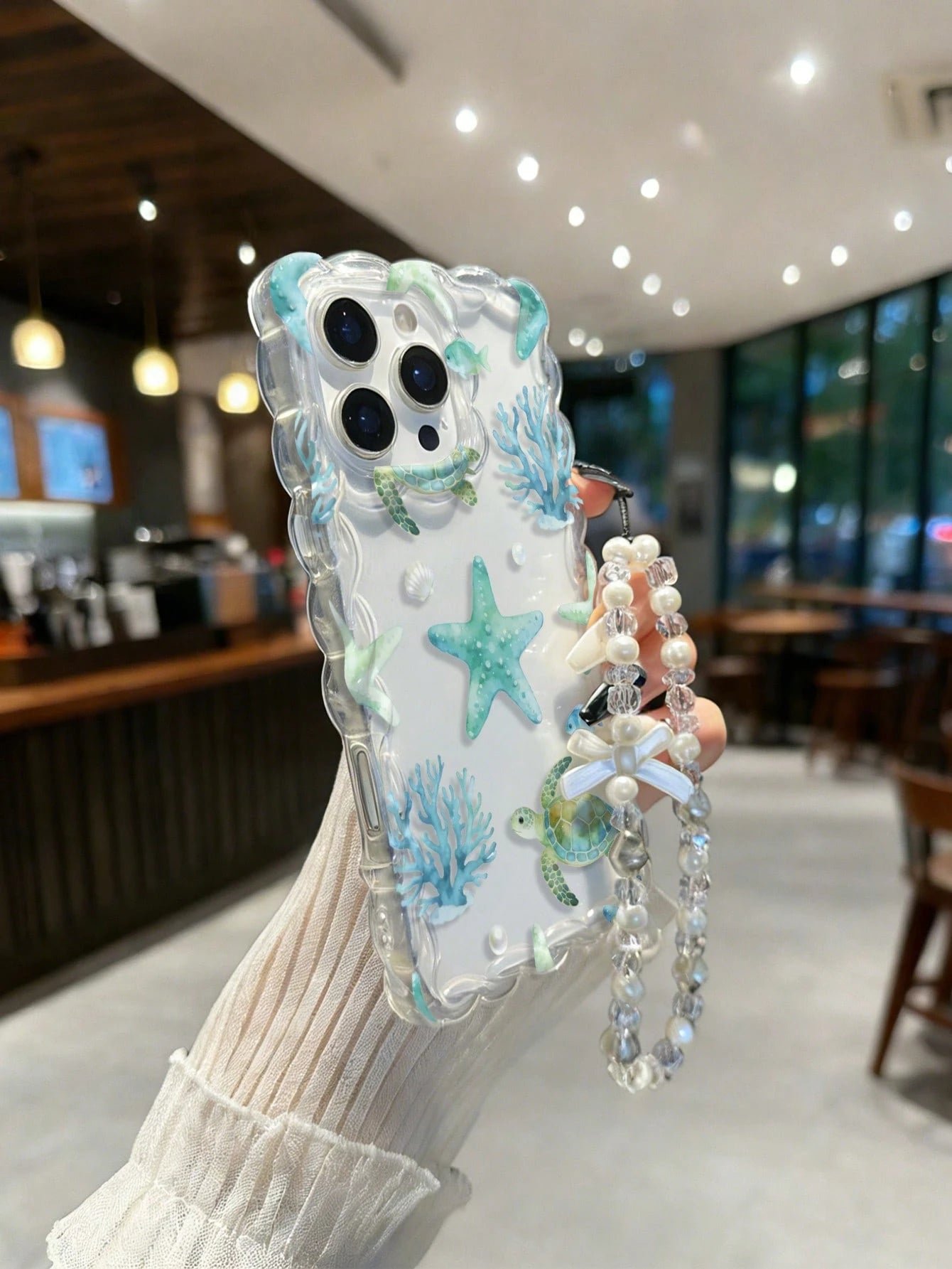 Braided Wave Edge Elegant TPU Sea Star & Sea Turtle Painted Anti-Drop Phone Case Compatible With IPhone XR/7/8, With Beaded Bracelet Accessory, Compatible With IPhone 15 Pro Max, 13, 14, 11, 12, X Sof