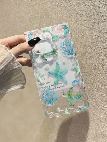 Braided Wave Edge Elegant TPU Sea Star & Sea Turtle Painted Anti-Drop Phone Case Compatible With IPhone XR/7/8, With Beaded Bracelet Accessory, Compatible With IPhone 15 Pro Max, 13, 14, 11, 12, X Sof