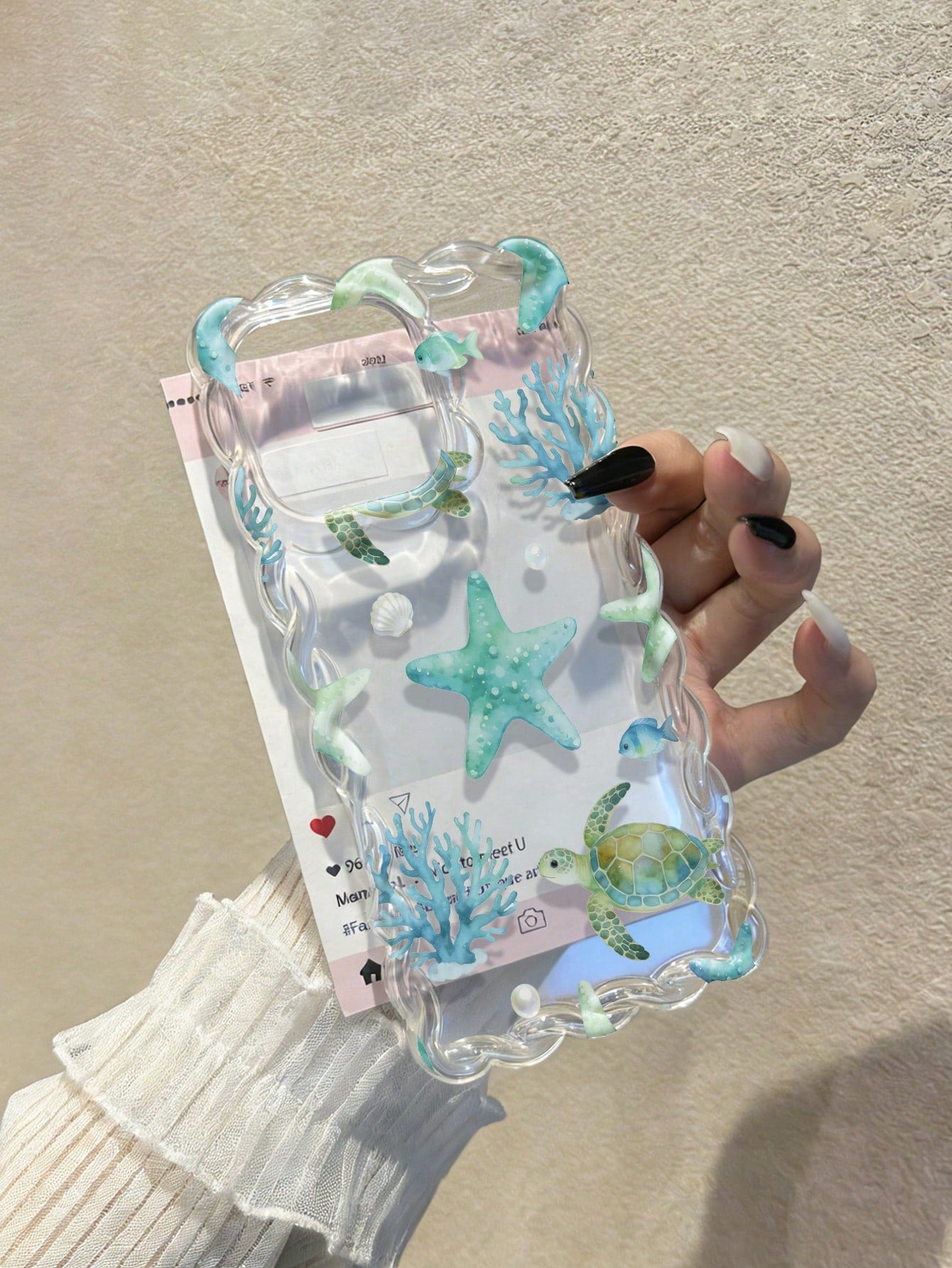 Braided Wave Edge Elegant TPU Sea Star & Sea Turtle Painted Anti-Drop Phone Case Compatible With IPhone XR/7/8, With Beaded Bracelet Accessory, Compatible With IPhone 15 Pro Max, 13, 14, 11, 12, X Sof