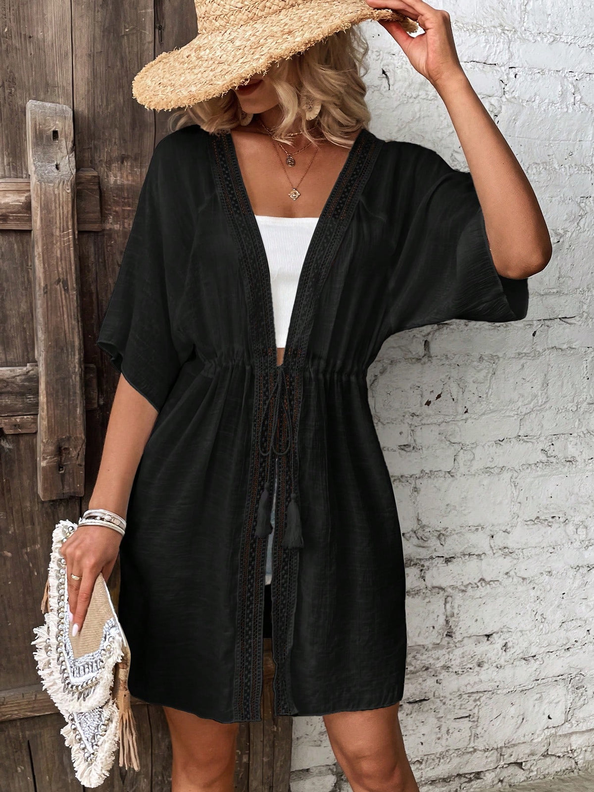 Breezaya Contrast Lace Drawstring Waist Batwing Sleeve Kimono,Summer Beach