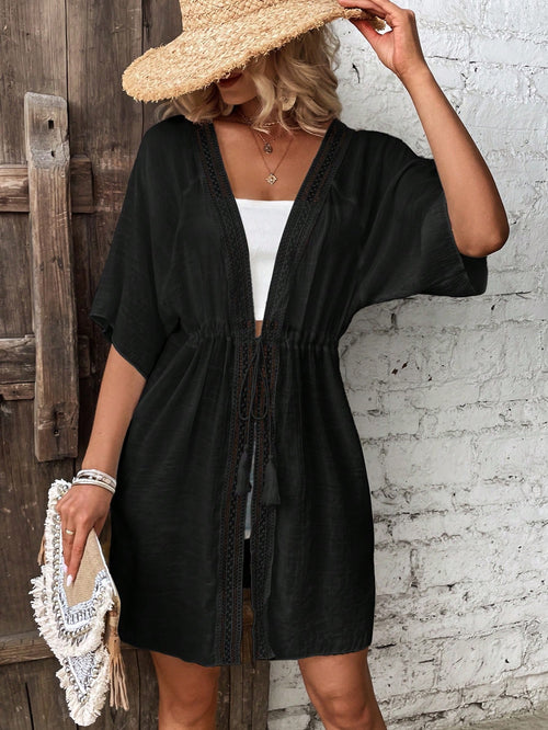 Breezaya Contrast Lace Drawstring Waist Batwing Sleeve Kimono,Summer Beach