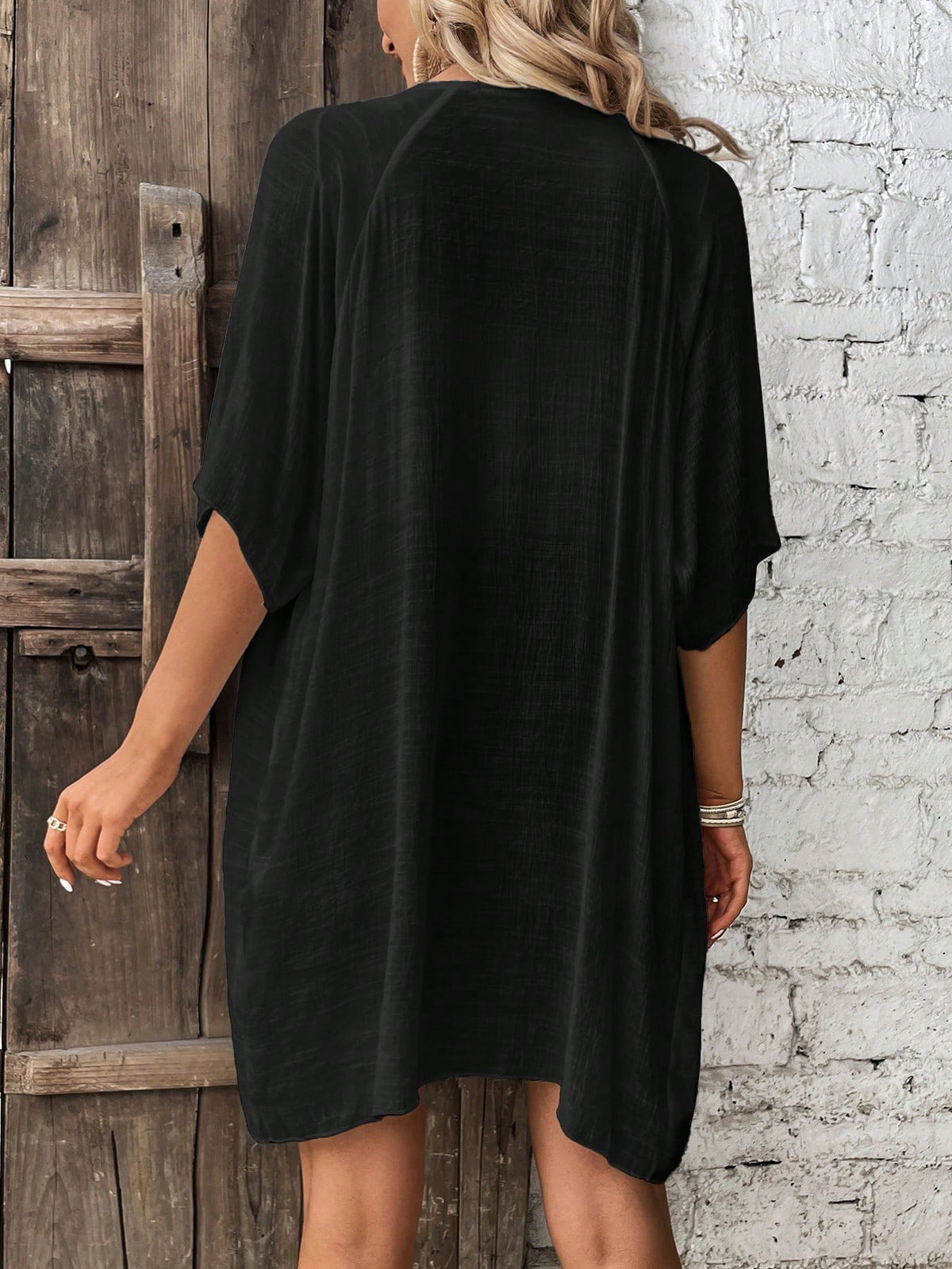 Breezaya Contrast Lace Drawstring Waist Batwing Sleeve Kimono,Summer Beach