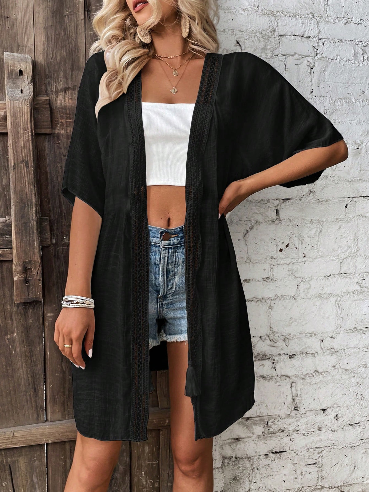 Breezaya Contrast Lace Drawstring Waist Batwing Sleeve Kimono,Summer Beach