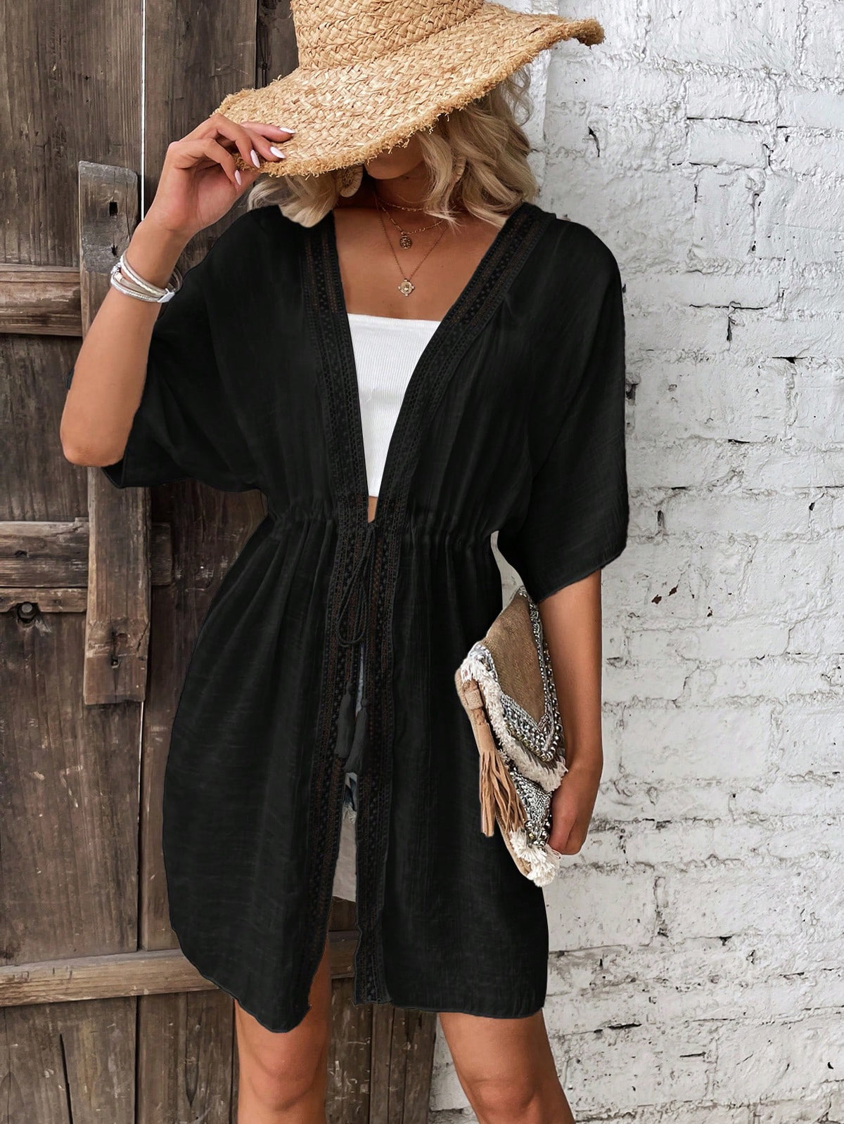 Breezaya Contrast Lace Drawstring Waist Batwing Sleeve Kimono,Summer Beach