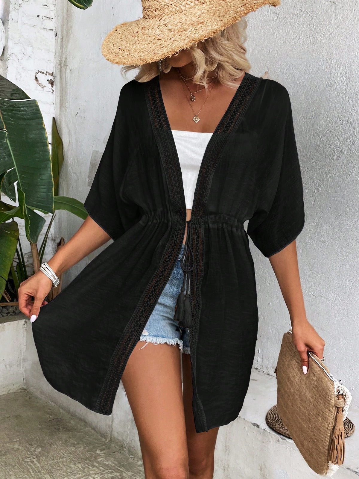 Breezaya Contrast Lace Drawstring Waist Batwing Sleeve Kimono,Summer Beach