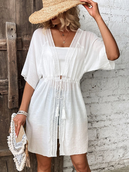 Breezaya Contrast Lace Drawstring Waist Batwing Sleeve Kimono,Summer Beach