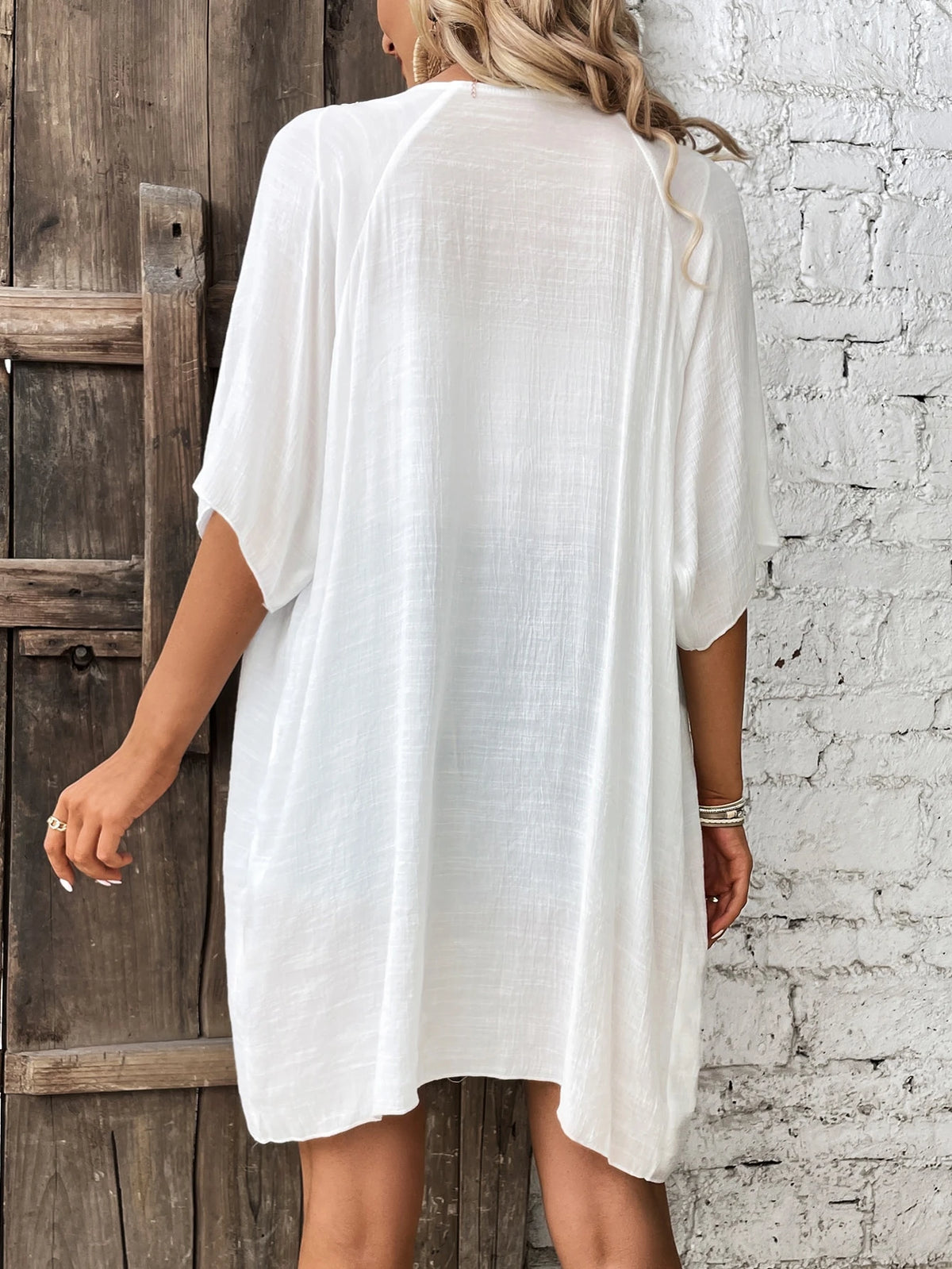 Breezaya Contrast Lace Drawstring Waist Batwing Sleeve Kimono,Summer Beach