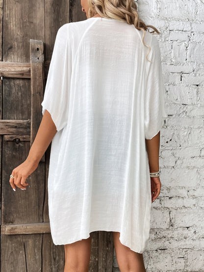 Breezaya Contrast Lace Drawstring Waist Batwing Sleeve Kimono,Summer Beach