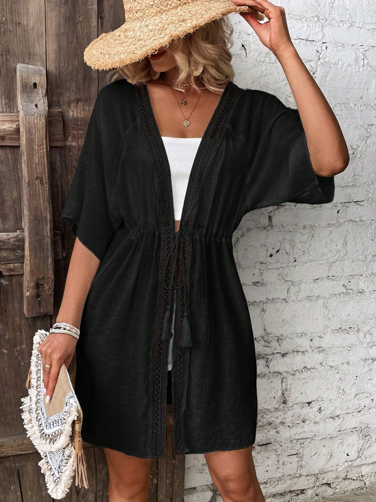 Breezaya Contrast Lace Drawstring Waist Batwing Sleeve Kimono,Summer Beach