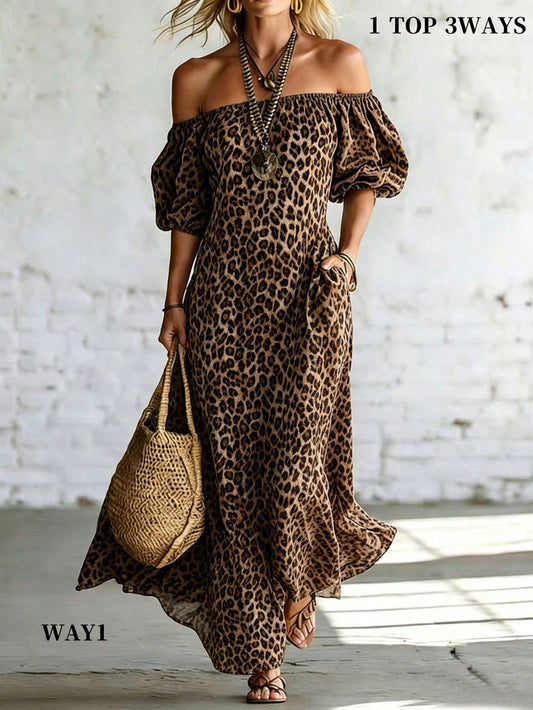 Breezaya Leopard Print Off Shoulder Maxi Dress Puff Sleeve Pocket Slit Hem Swing Dress.Boho Western Cottagecore Fit Commute,Halloween, Festival, Beach Vacation
