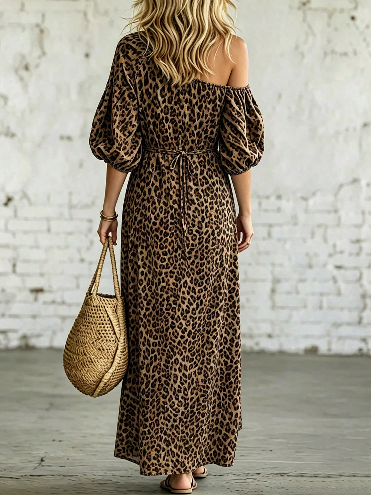 Breezaya Leopard Print Off Shoulder Maxi Dress Puff Sleeve Pocket Slit Hem Swing Dress.Boho Western Cottagecore Fit Commute,Halloween, Festival, Beach Vacation