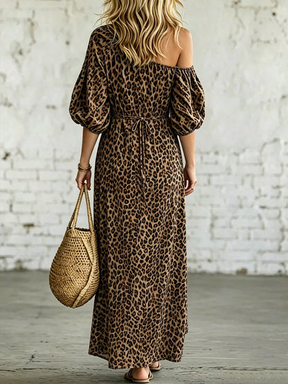 Breezaya Leopard Print Off Shoulder Maxi Dress Puff Sleeve Pocket Slit Hem Swing Dress.Boho Western Cottagecore Fit Commute,Halloween, Festival, Beach Vacation