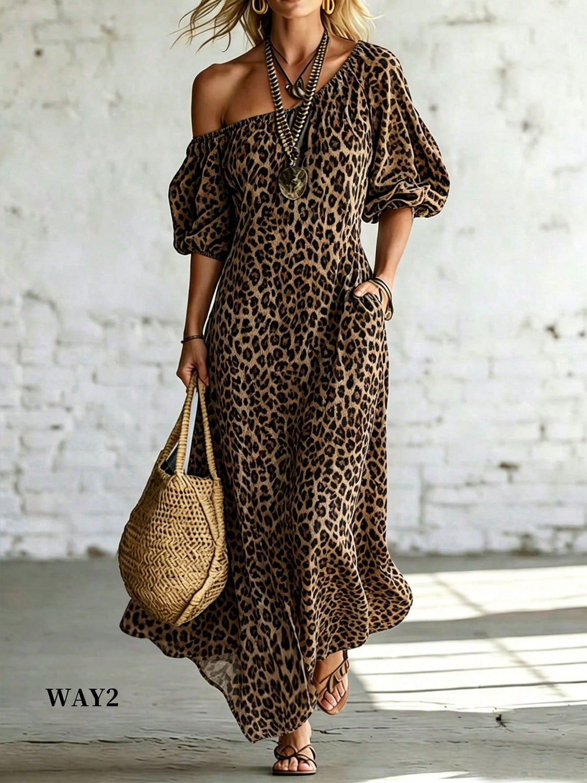 Breezaya Leopard Print Off Shoulder Maxi Dress Puff Sleeve Pocket Slit Hem Swing Dress.Boho Western Cottagecore Fit Commute,Halloween, Festival, Beach Vacation