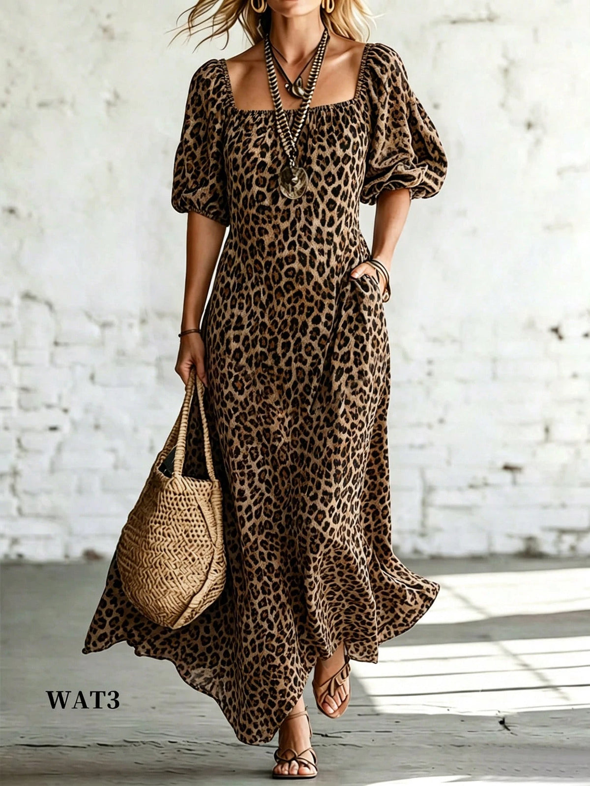 Breezaya Leopard Print Off Shoulder Maxi Dress Puff Sleeve Pocket Slit Hem Swing Dress.Boho Western Cottagecore Fit Commute,Halloween, Festival, Beach Vacation