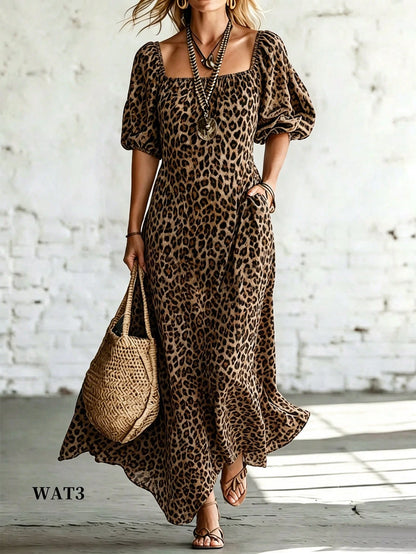 Breezaya Leopard Print Off Shoulder Maxi Dress Puff Sleeve Pocket Slit Hem Swing Dress.Boho Western Cottagecore Fit Commute,Halloween, Festival, Beach Vacation