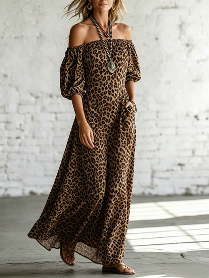 Breezaya Leopard Print Off Shoulder Maxi Dress Puff Sleeve Pocket Slit Hem Swing Dress.Boho Western Cottagecore Fit Commute,Halloween, Festival, Beach Vacation