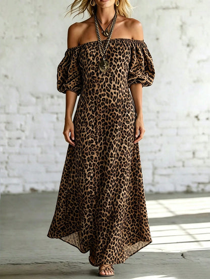 Breezaya Leopard Print Off Shoulder Maxi Dress Puff Sleeve Pocket Slit Hem Swing Dress.Boho Western Cottagecore Fit Commute,Halloween, Festival, Beach Vacation