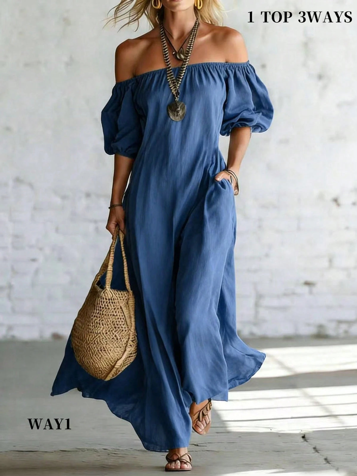 Breezaya Leopard Print Off Shoulder Maxi Dress Puff Sleeve Pocket Slit Hem Swing Dress.Boho Western Cottagecore Fit Commute,Halloween, Festival, Beach Vacation