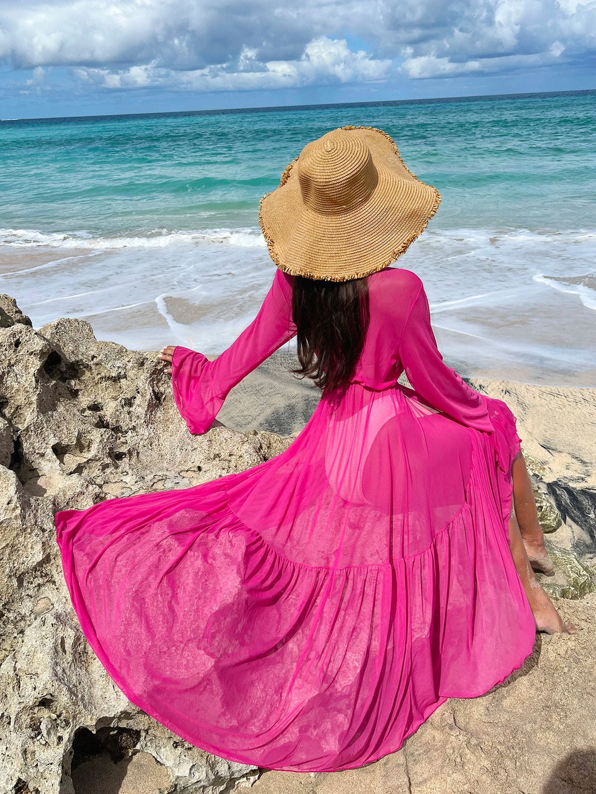 Breezaya Lettuce Trim Ruffle Trim Flounce Sleeve Kimono,Summer Beach