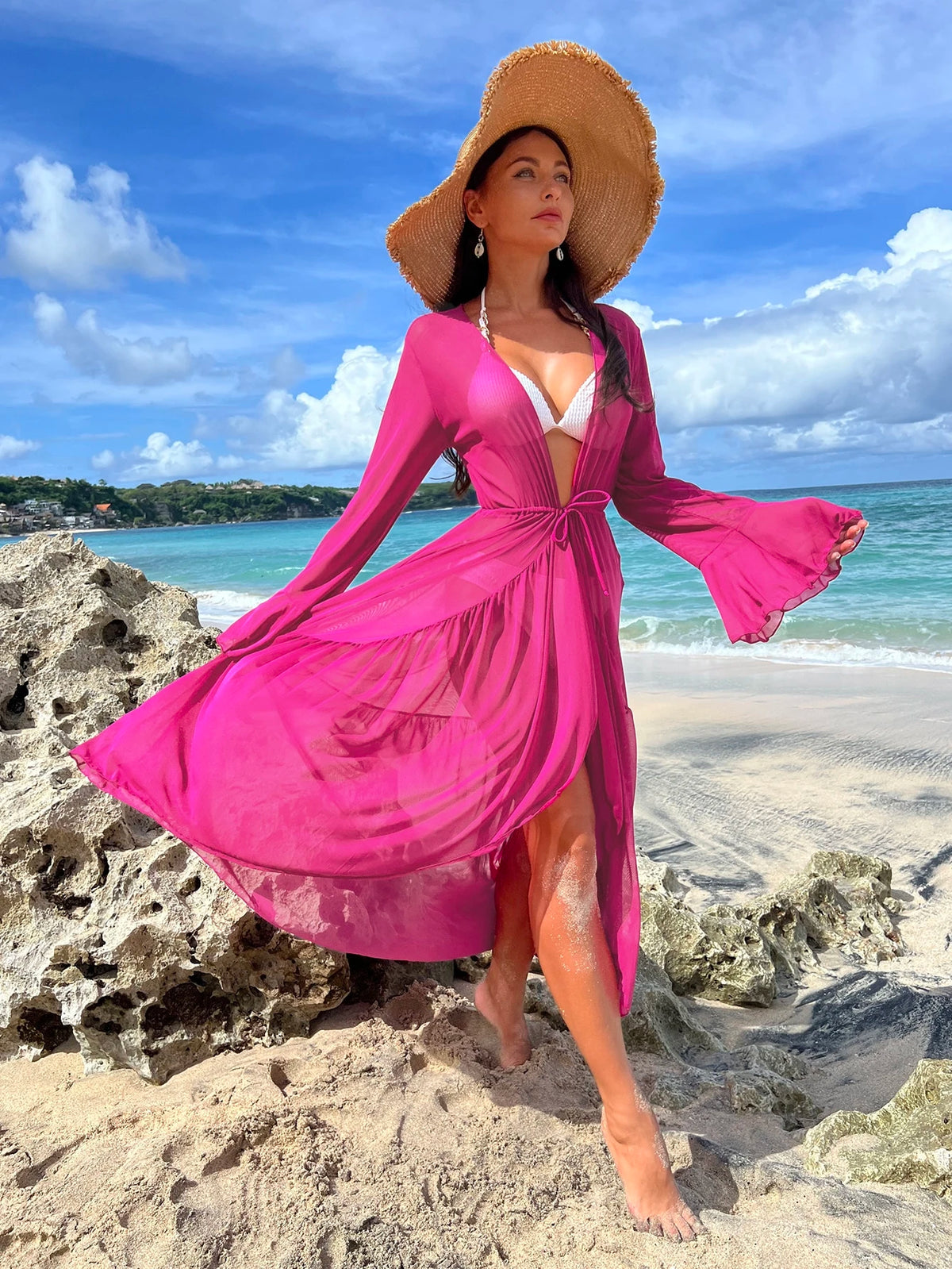 Breezaya Lettuce Trim Ruffle Trim Flounce Sleeve Kimono,Summer Beach
