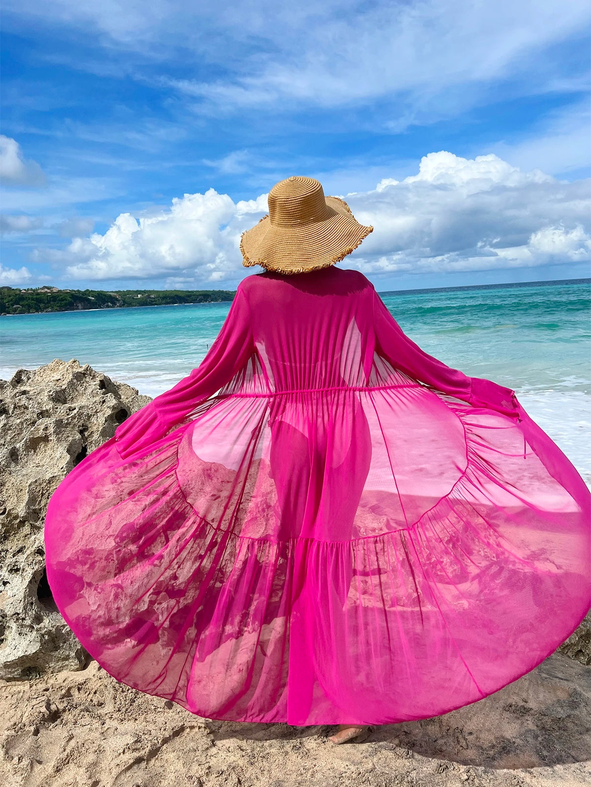 Breezaya Lettuce Trim Ruffle Trim Flounce Sleeve Kimono,Summer Beach