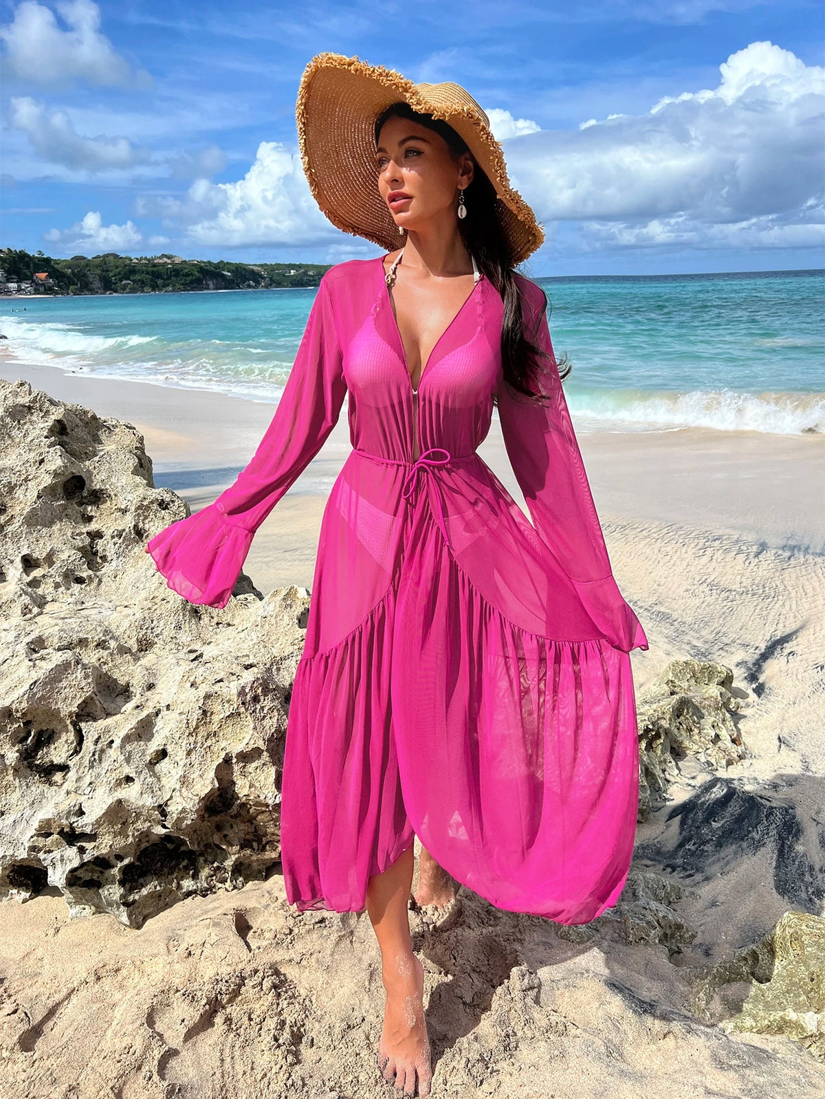 Breezaya Lettuce Trim Ruffle Trim Flounce Sleeve Kimono,Summer Beach