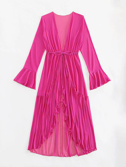 Breezaya Lettuce Trim Ruffle Trim Flounce Sleeve Kimono,Summer Beach