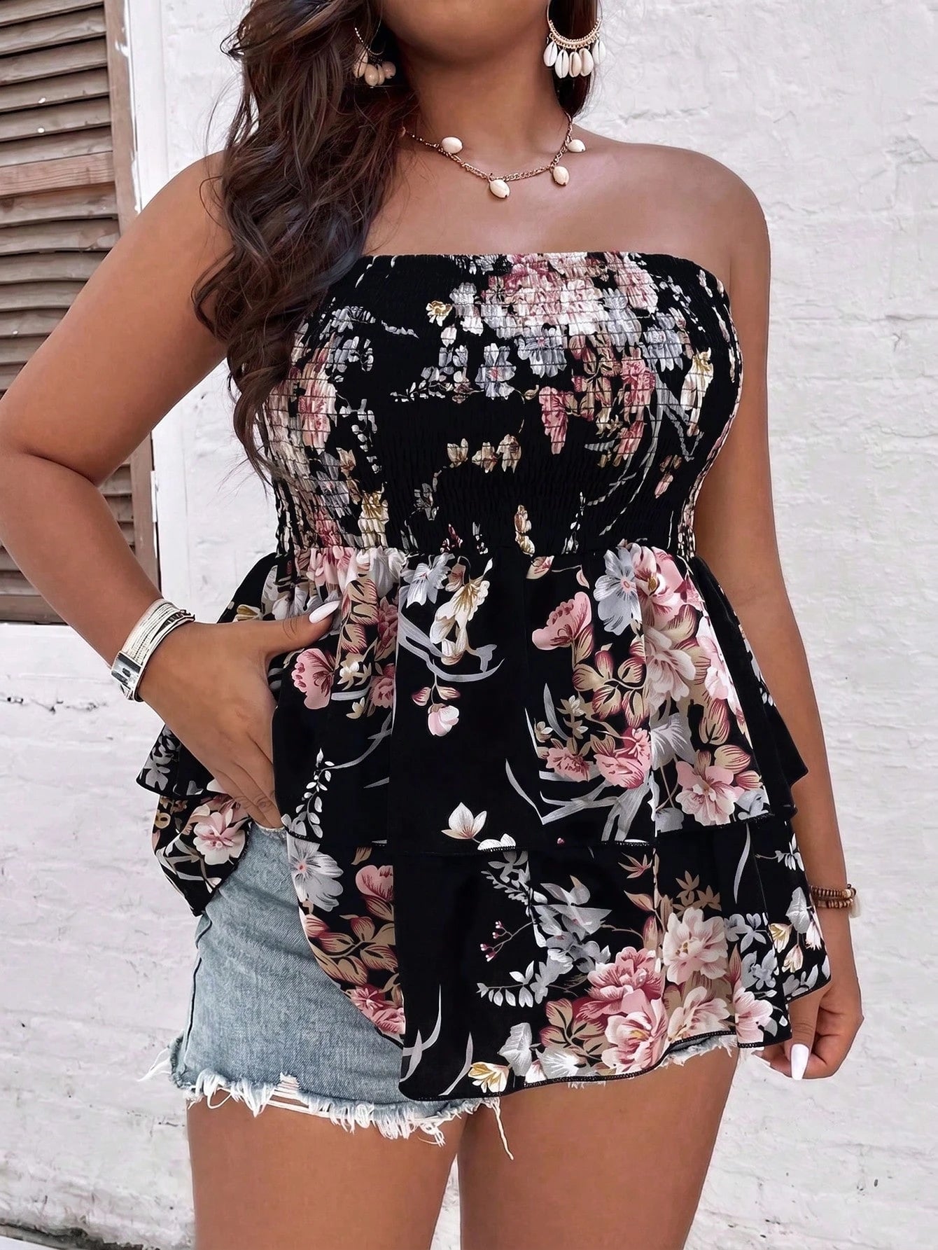 Breezaya Plus Size Floral Print Strapless Ruffle Hem Blouse, Summer