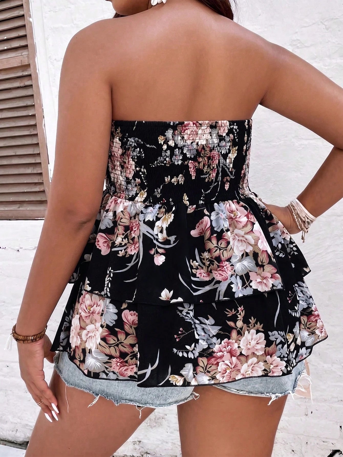 Breezaya Plus Size Floral Print Strapless Ruffle Hem Blouse, Summer