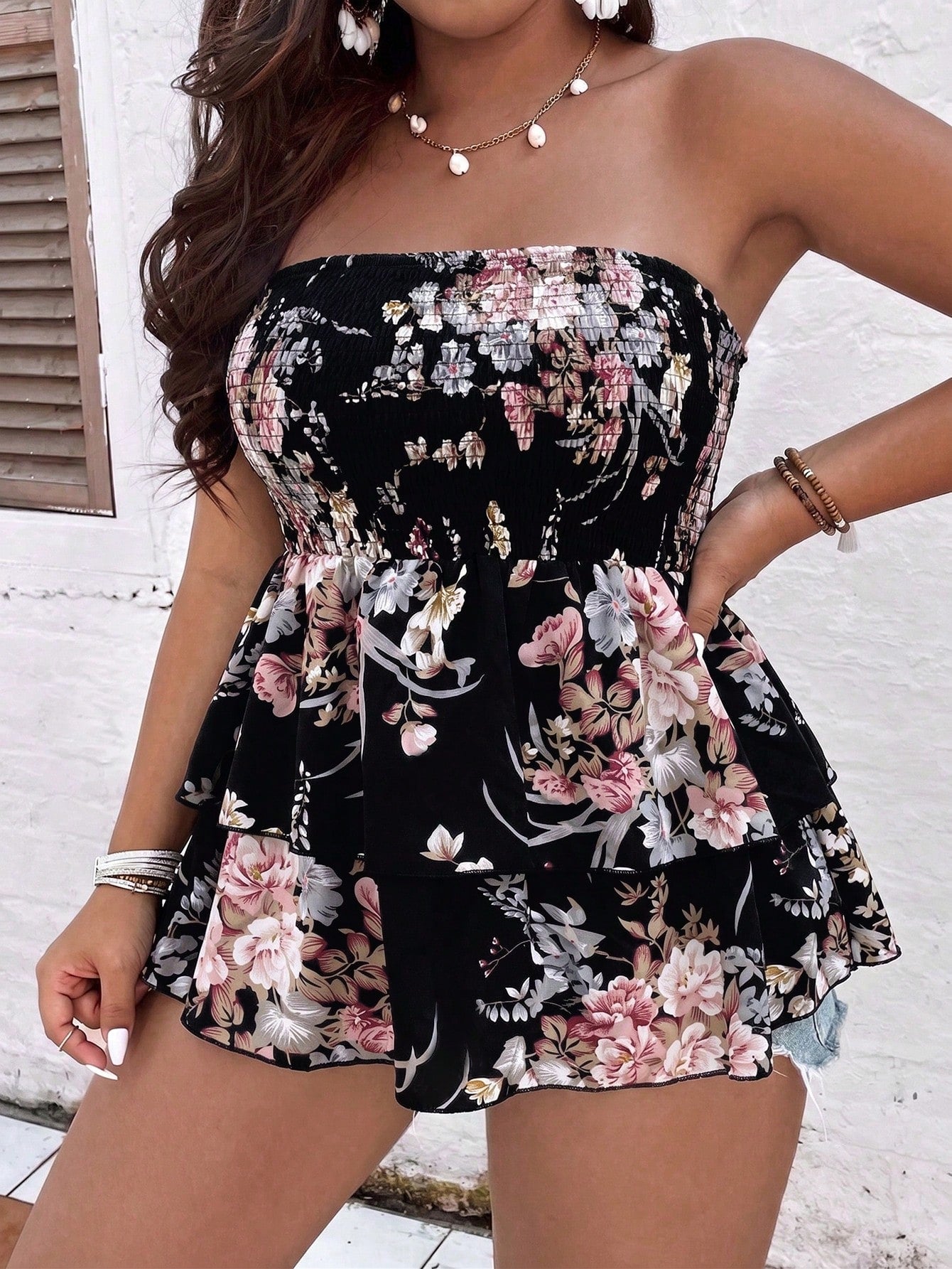 Breezaya Plus Size Floral Print Strapless Ruffle Hem Blouse, Summer