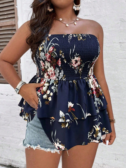 Breezaya Plus Size Floral Print Strapless Ruffle Hem Blouse, Summer