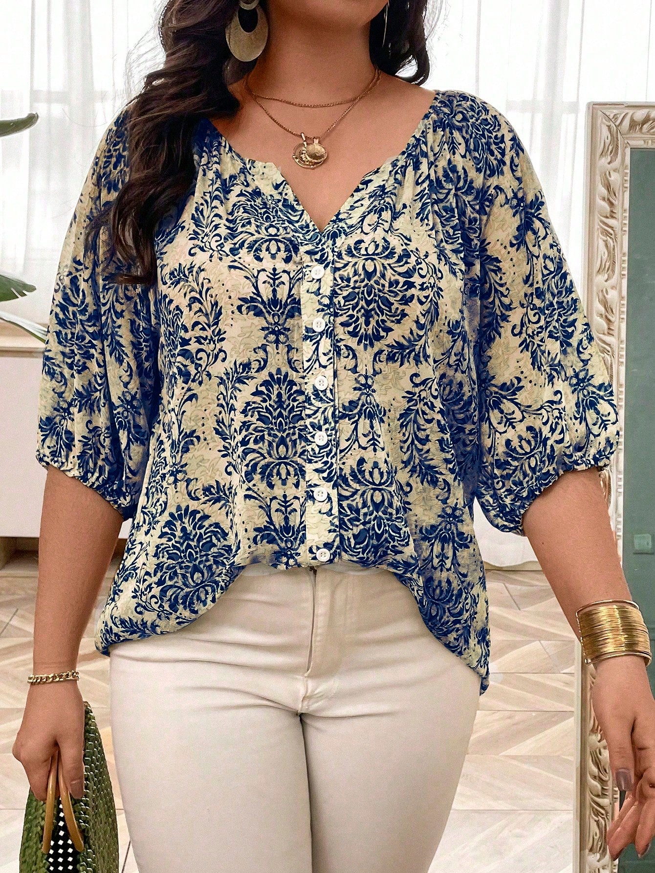 Breezaya Plus Size Notched Neck Button-Up Shirt With Notched Collar Fall