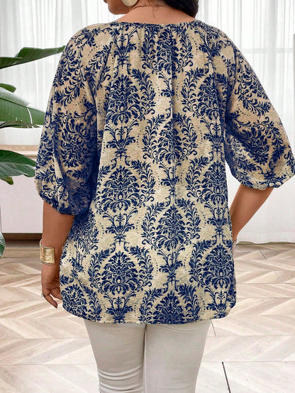 Breezaya Plus Size Notched Neck Button-Up Shirt With Notched Collar Fall