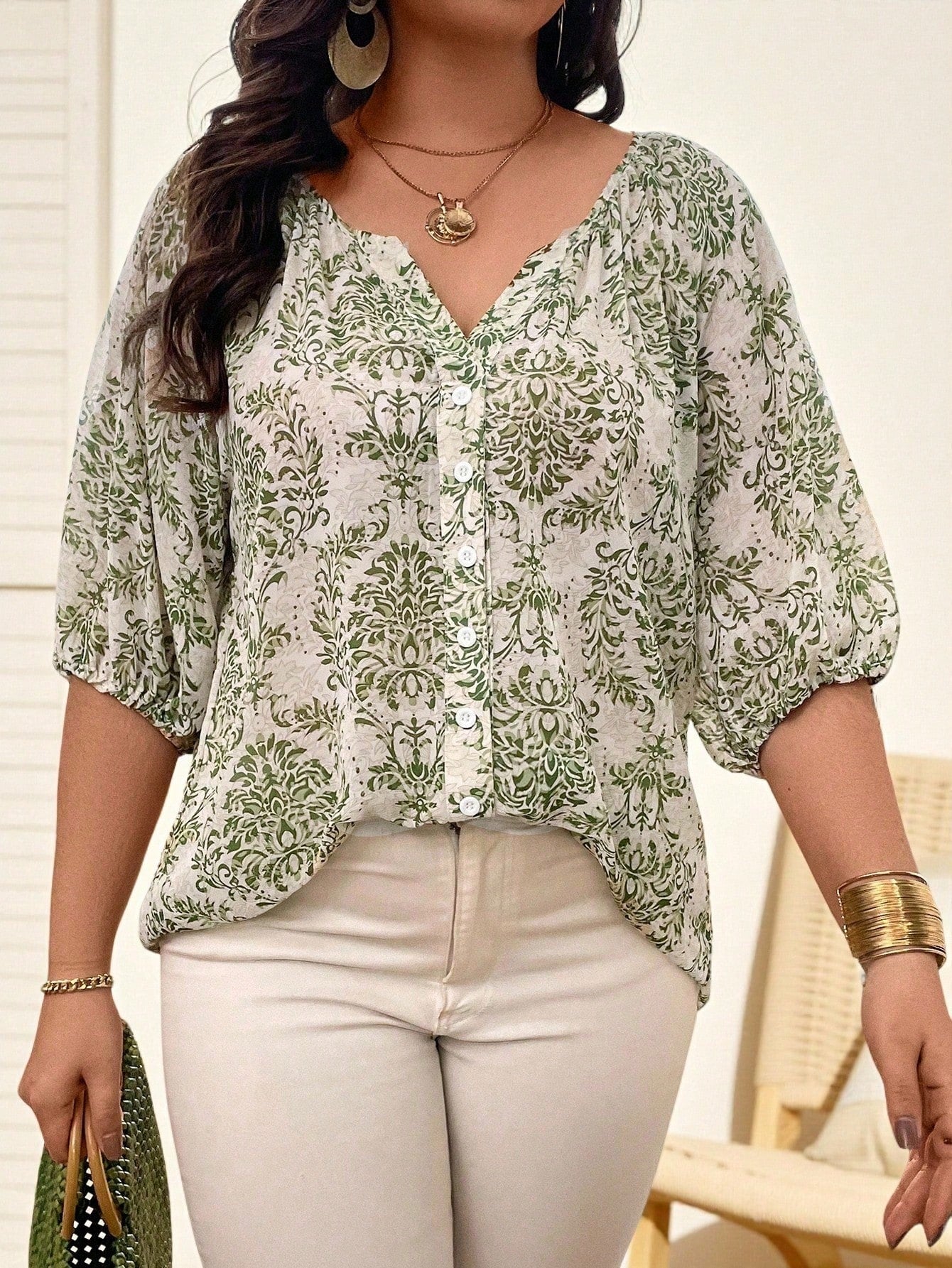 Breezaya Plus Size Notched Neck Button-Up Shirt With Notched Collar Fall