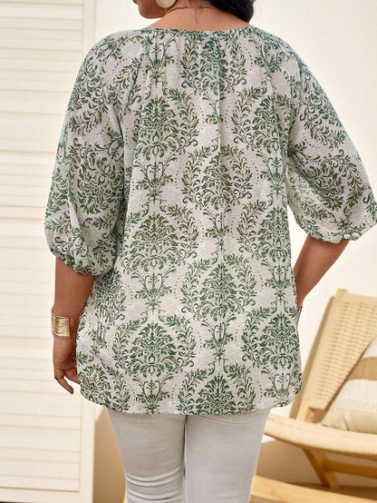 Breezaya Plus Size Notched Neck Button-Up Shirt With Notched Collar Fall