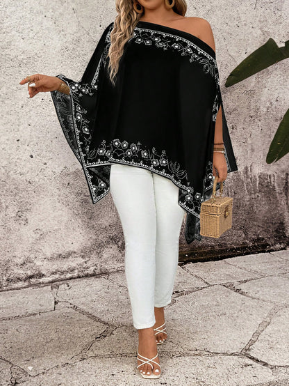 Breezaya Plus Size Women Floral Print Asymmetrical Shoulder Casual Versatile Daily Wear Shirt Fall